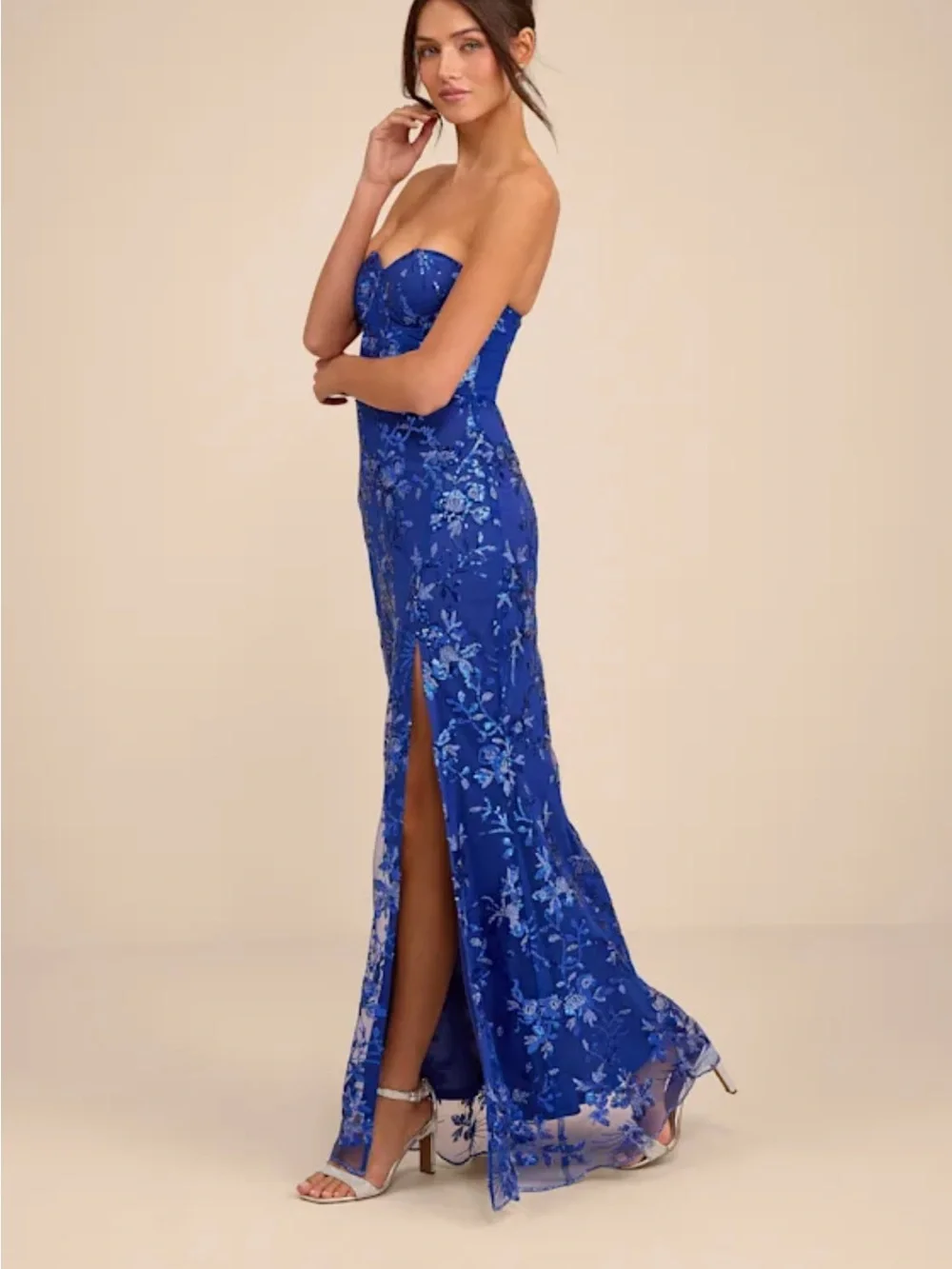 Lulu's Royal Blue Strapless Sequin Floral Gown